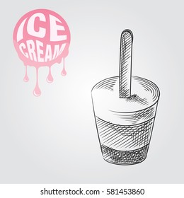 Ice lolly hand drawn sketch isolated on white background and pink blob with drops. Ice cream sketch elements vector illustration.