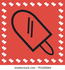 Ice lolly icon flat. Simple black pictogram on red background with white hearts for valentines day. Vector illustration symbol