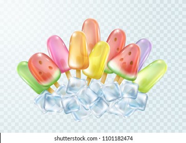 Ice lolly on transparent background. Realistic color freeze juice on stick with icecube. Vector glossy homemade tropical popsicles template for your advertising design.