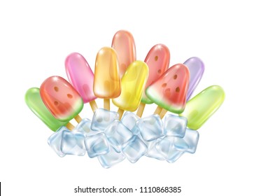 Ice lolly on white background. Realistic color freeze juice on stick with icecube. Vector glossy homemade tropical popsicles template for your advertising design.