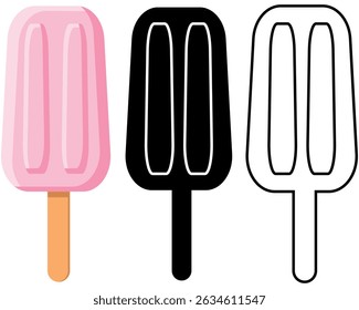 Ice lolly or popsicle in colour, silhouette and outline versions