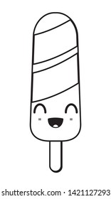 ice lolly popsicle with smiling face icon cartoon in black and white vector illustration graphic design