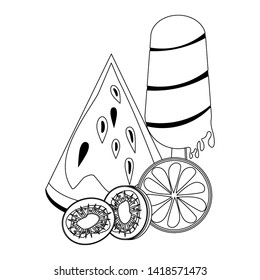 ice lolly popsicle and tropical fruit icon cartoon in black and white vector illustration graphic design