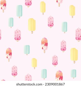 ice lolly,Ice cream pattern with pink, blue and yellow popsicles, pastel colours seamless repeat pattern