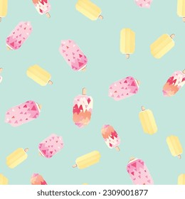 ice lolly,Ice cream pattern with pink, blue and yellow popsicles, pastel colours seamless repeat pattern