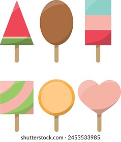 Ice lollys colección - colorido conjunto de seis paletas heladas de diferentes Formas - Ilustración vectorial aislada sobre fondo blanco.