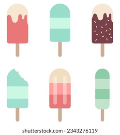 Colección de helados. Frutín color arcoiris de seis paletas congeladas. Ilustración vectorial aislada sobre fondo blanco.