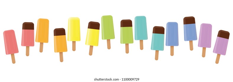 Ice lollys. Colorful line, loosely arranged, different flavor and colors, some with chocolate glaze. Rainbow colored three-dimensional isolated vector illustration on white background.