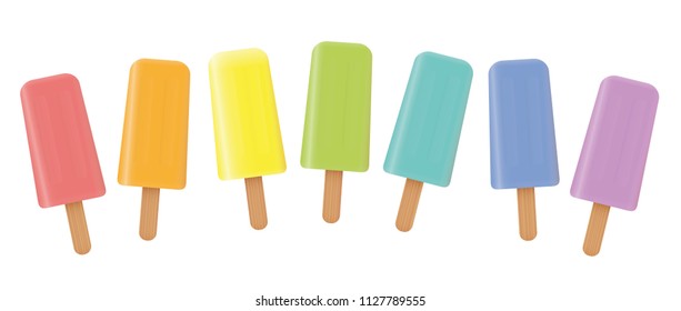 Ice lollys loosely arranged. Rainbow colored fruity collection of seven frozen popsicles - isolated vector illustration on white background.