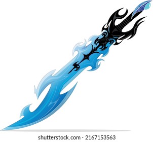 eismagisches Schwert. Schwarzes magisches Metall umrahmt den kalten blauen Stahl der eisigen Schwertklinge. Fantasie, Science-Fiction, Spiele, Filme. Eine Welt des Abenteuers und der Wertschätzung.