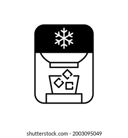 Ice Maker Black Linear Icon. Freezer Device. Cooler Gadget. Electric Machine For Household. Small Kitchen Appliance. Ice Cubes In Bucket. Outline Symbol On White Space. Vector Isolated Illustration