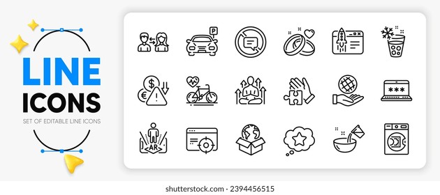 Ice maker, Launder money and Yoga line icons set for app include Loyalty star, Safe planet, Augmented reality outline thin icon. Delivery service, Laptop password, Cooking water pictogram icon. Vector