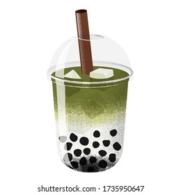 Ice Matcha Milk Tea with Boba, Clear Lid Dome and Brown Straw, Vector Illustration. Isolated Image on White Background.