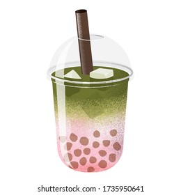 Ice Matcha Mix Pink Milk with Boba, Clear Lid Dome and Brown Straw, Vector Illustration. Isolated Image on White Background.