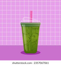 Ice matcha tea on purple background. Vector illustration of cold green tea with ice cubes. Summer refreshing beverage in plastic cup to go.