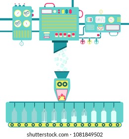 Ice melting factory. Machinery processing ice cubes and turning into bottled liquid water.