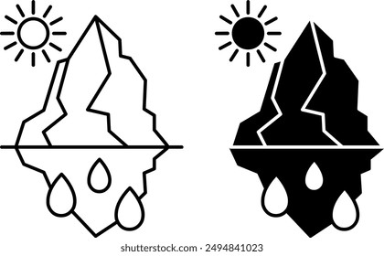 Ice Melting Icons. Black and White Vector Icons. Sun and Melting Glacier. Global Warming. Ecological Problem. Climate Change Concept