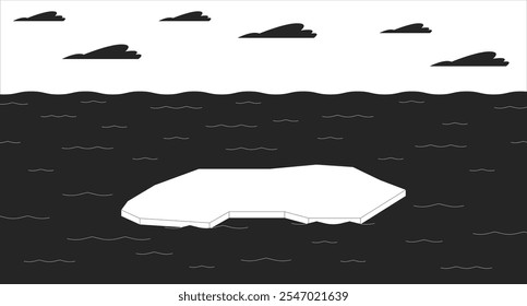 Ice melting problem black and white line illustration. Dangerous impact of global warming. Icefloe piece floating in sea water 2D landscape monochrome backdrop. Climate changes crisis outline vector