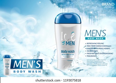 Ice men's body wash ads with frozen background in 3d illustration