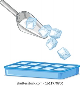 Ice in metal spoon and tray on white background illustration