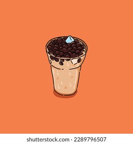 ice milk tea with boba illustration design vector with glass cup with orange background, refreshing drink for summer day or hot weather
