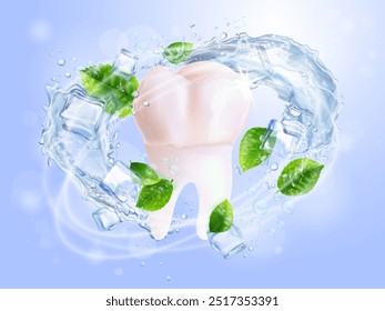 Ice mint teeth. Realistic tooth oral hygiene protection, fresh mint cool breath crystal whitening mouth care clinical product dental advertisement, 3d exact vector illustration original artwork