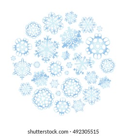 Ice modern snowflakes in circle shape, isolated on white