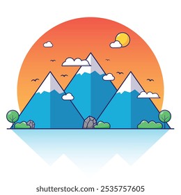 Ice mountain aesthetic scenery landscape with sunset background. Fresh mountain scenery cartoon and simple concept