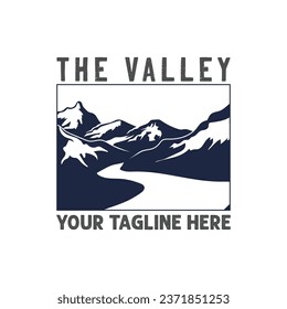 Ice Mountain with Canyon Valley River Creek for Outdoor Adventure Logo Design Vector