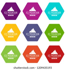Ice mountain icons 9 set coloful isolated on white for web