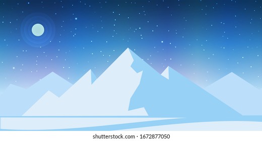 Ice mountain landscape. Iceberg at night with moon, stars, aurora. Vector illustration.
