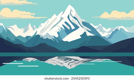 Ice Mountain Nature Landscape with River Lake in Snow Winter Season