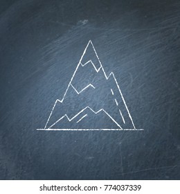 Ice mountain peak icon on chalkboard. Outline rock symbol - chalk drawing on blackboard.