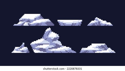 Juego de píxeles de montaña de hielo. Iceberg, colección congelada de colinas. Roca ártica o antártica. Sprite de 8 bits. Desarrollo de juegos, aplicación móvil.  Ilustración vectorial aislada.