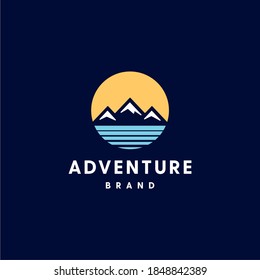 ice mountain with sky and sea water Adventure outdoor badge logo vector icon design 