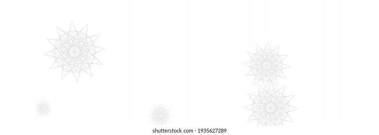 Ice New Year Chaotic Frost Composition. White Monochrome Ornamental Winter Christmas Sky Background. Silver Grey Stars Snowflakes Snow Ornament. Print Holiday Santa Horizontal Mandala Background.