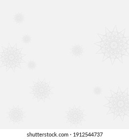 Ice New Year Innocent Cold Mandala Background. Winter Print Frost Mystery Wallpaper. Luxury Sharp Stars Silver Monochrome Ornament. Chaotic Christmas Grey Snowflakes White Sky Background.