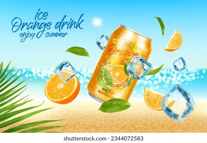 Ice orange drink can with ice cubes, fruit and palm leaves on summer beach. Vector promo banner with refreshment mix to quench your thirst and cool down under the scorching sun, tropical paradise vibe