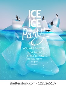 Ice party banner with ice rock pieces and penguins. Vector illustration