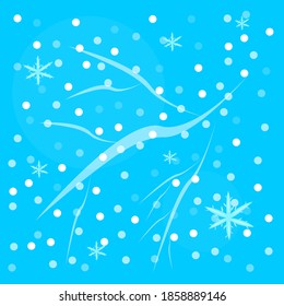 ice patterns on a frozen window on a background of falling snow and blue clear sky wallpaper for design concept of winter and cold season