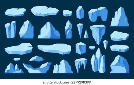 Ice pieces and glaciers. Cartoon frozen floating ice chunks, mountain icebergs and polar sea floe, winter climate concept. Vector isolated set of ice frozen illustration