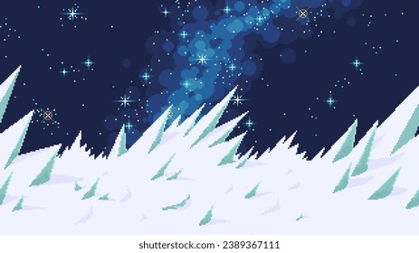 Ice planet landscape in pixel art style. Space Background for 2D games. Game level with night background and milky way.