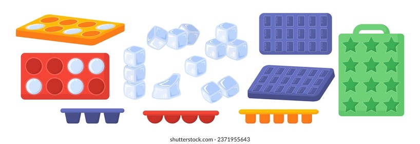 Ice plastic trays set. Items for cold drinks and cocktails. Cube shaped frozen water in colorful packages. Poster or banner. Cartoon flat vector collection isolated on white background