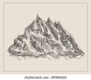 Ice pointed mountain scenery sketch hand drawing, in engraving etching style, for extreme climbing sport, adventure travel  and  tourism design