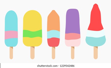 Ice pop set of 5 vector illustration - Colorful popsicle or icicle collection in different shape and size isolated on white background