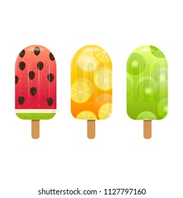 Ice pop. Set of fruit popsicle цшер with slices of kiwi, lemon and watermelon. Ice cream. Vector illustration on a white background
