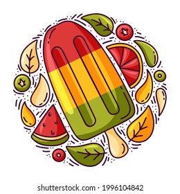 Ice pop with watermelon, citrus, mint, berries, drops. Round doodle illustration. Color hand drawn emblem of popsicle. Cartoon isolated vector elements on white background