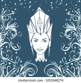 Ice Queen and frost patterns. Face of a woman in a crown vector illustration