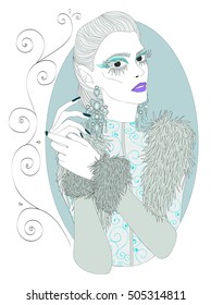 Ice Queen. The Snow Queen. Hand drawn  Vector Artwork of White Haired Woman with Big Earrings In Fur Coat. 