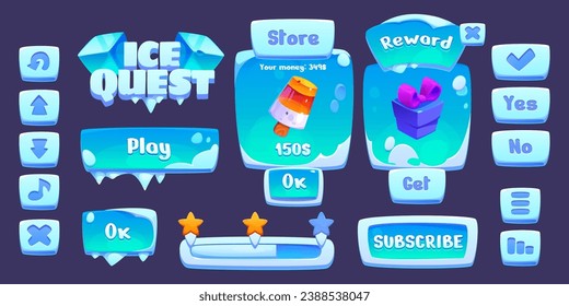 Ice quest game ui buttons set isolated on background. Vector cartoon illustration of blue frozen snow frames of square, rectangle shape, score progress bar, player arrows, reward store, gift box icons